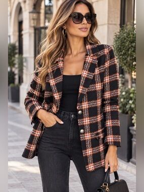 E71. Plaid Notch Lapel Blazer Jacket - Black Multi